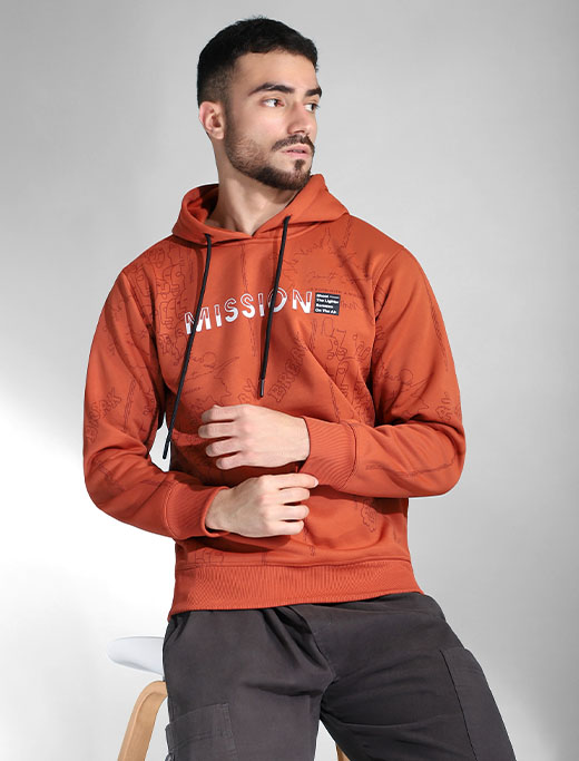 Rust Orange Mission Doodle Printed Mens Hoodie
