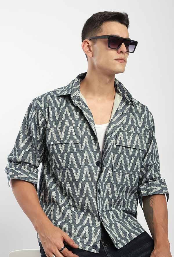 Sand Brown Herringbone Striped Cotton Mens Overshirt