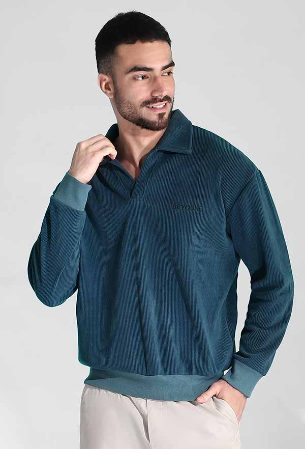 Teal Blue Polo Collar Jacquard Texture Mens Sweatshirt