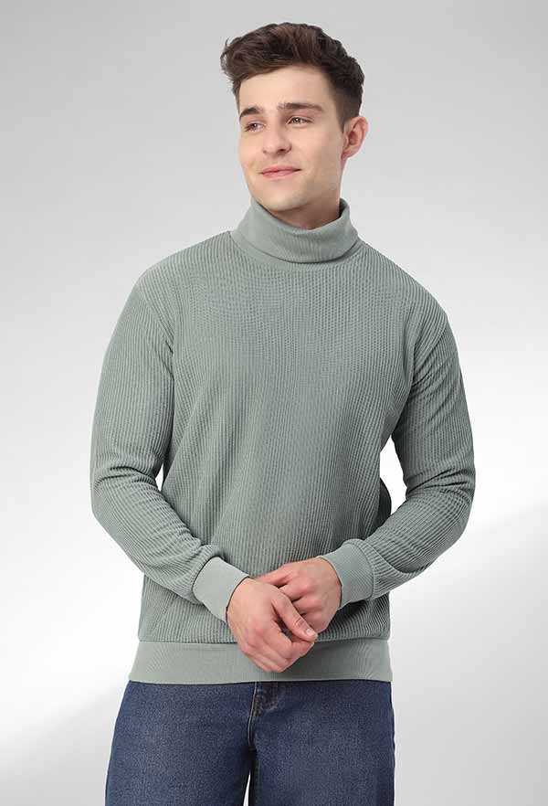 Grey Turtle Neck Jacquard Texture Mens Sweatshirt
