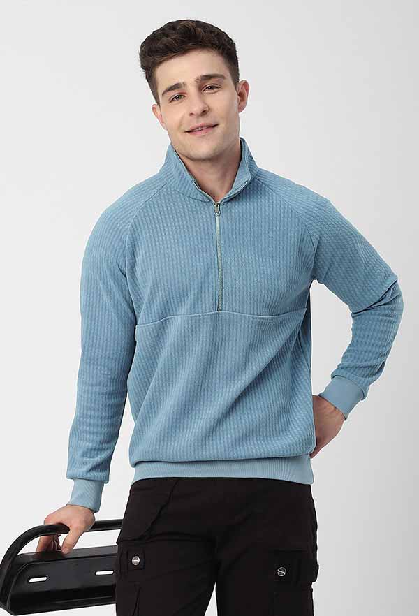 Dove Blue Zipper Jacquard Texture Mens Sweatshirt