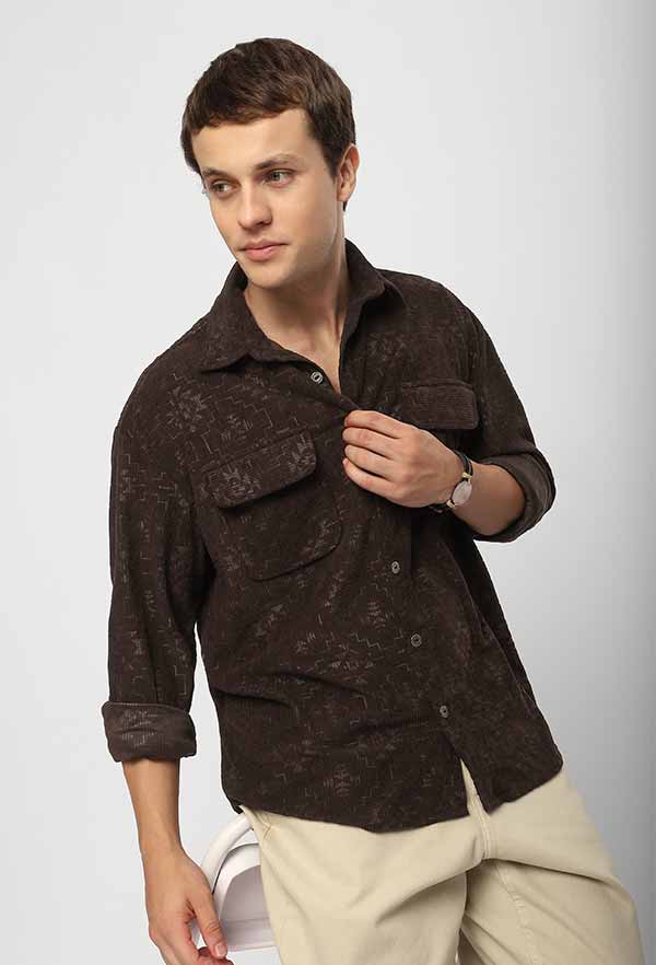 Dark Brown Abstract Structured Corduroy Shirt
