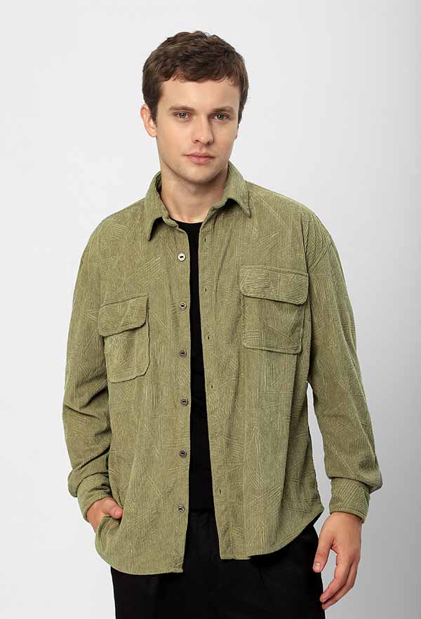 Sage Green Tribal Textured Corduroy Shirt