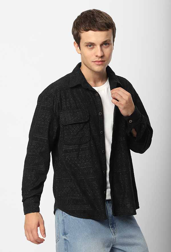 Black Geometric Textured Corduroy Shirt