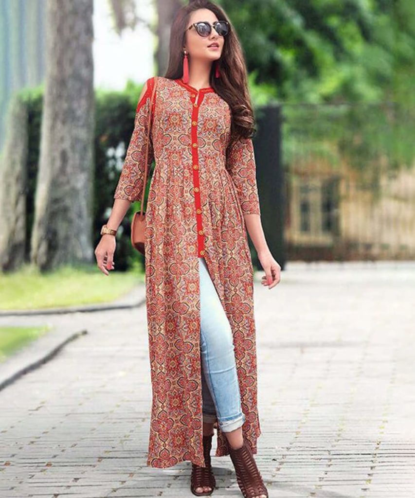 Womens Rayon Printed Nyara Cut Long Kurti With Pant Peach