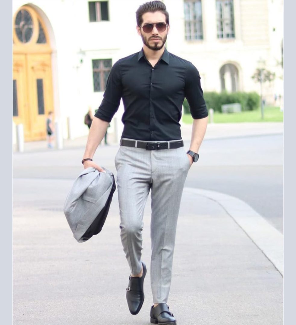 formal black shirt grey pants
