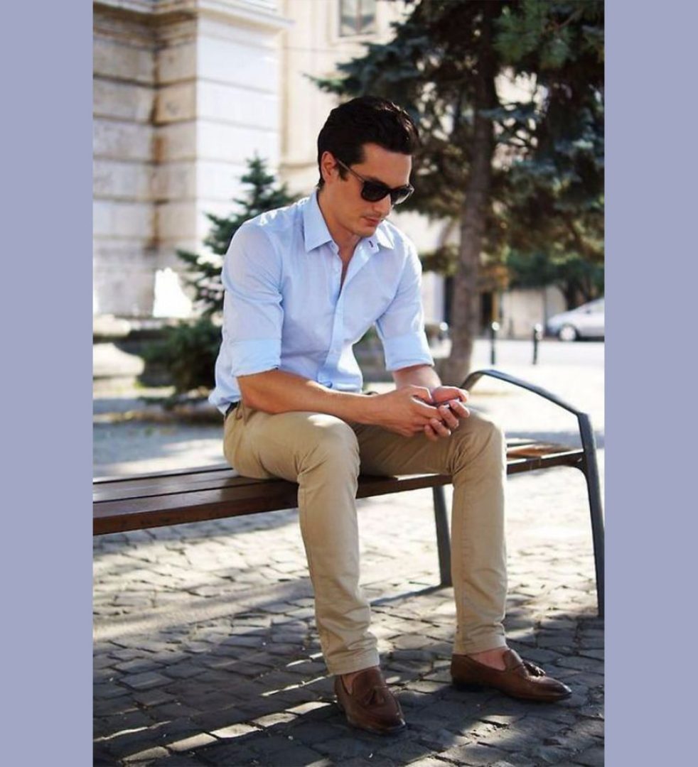 dark blue shirt and cream pant