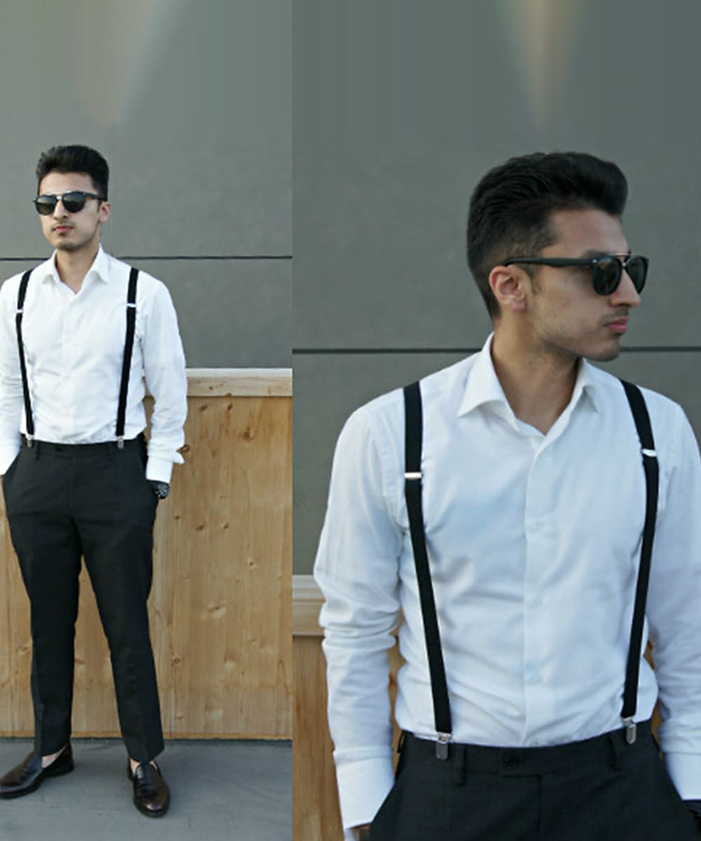 formal attire with suspenders