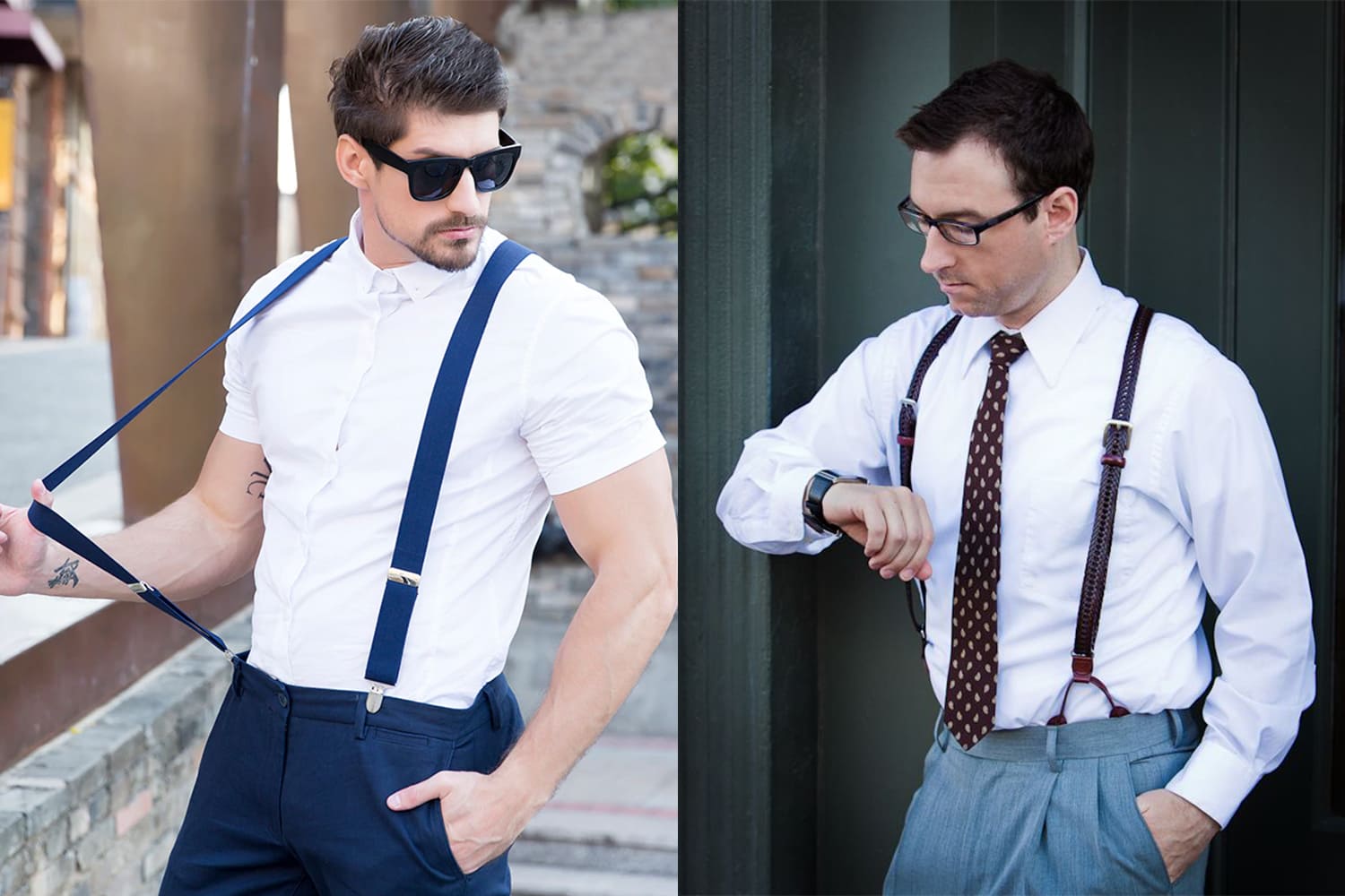 formal attire with suspenders