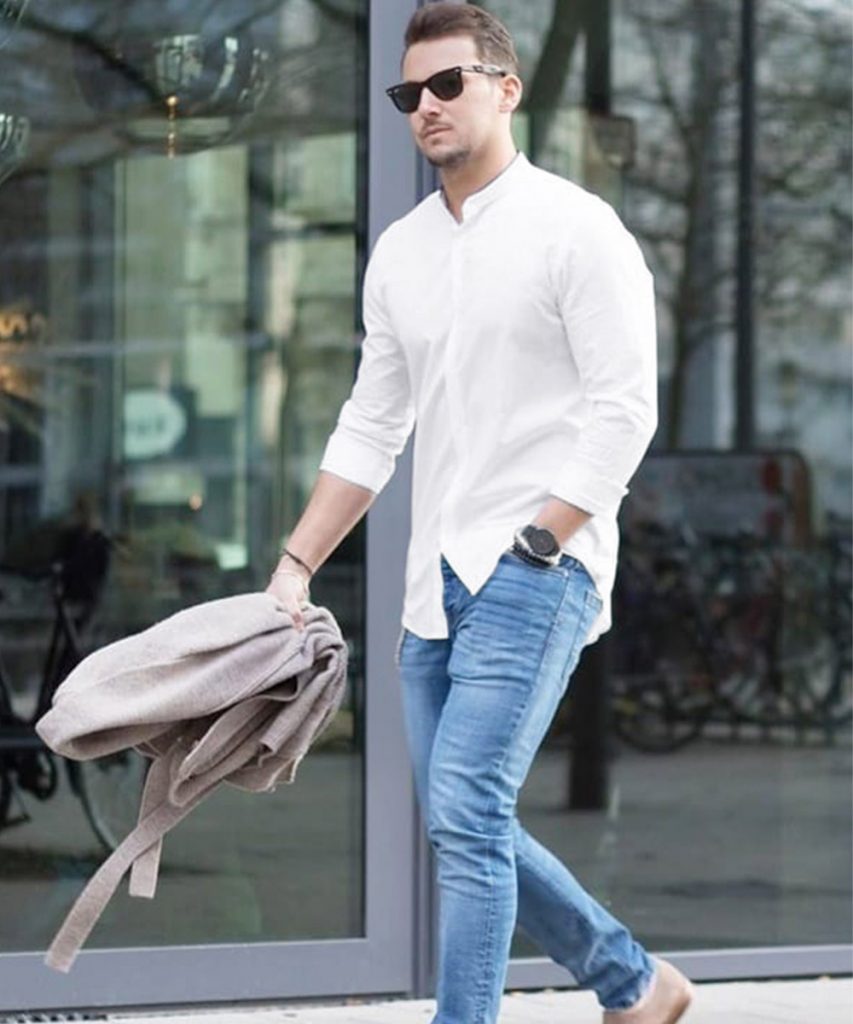 white shirt and blue trouser combination