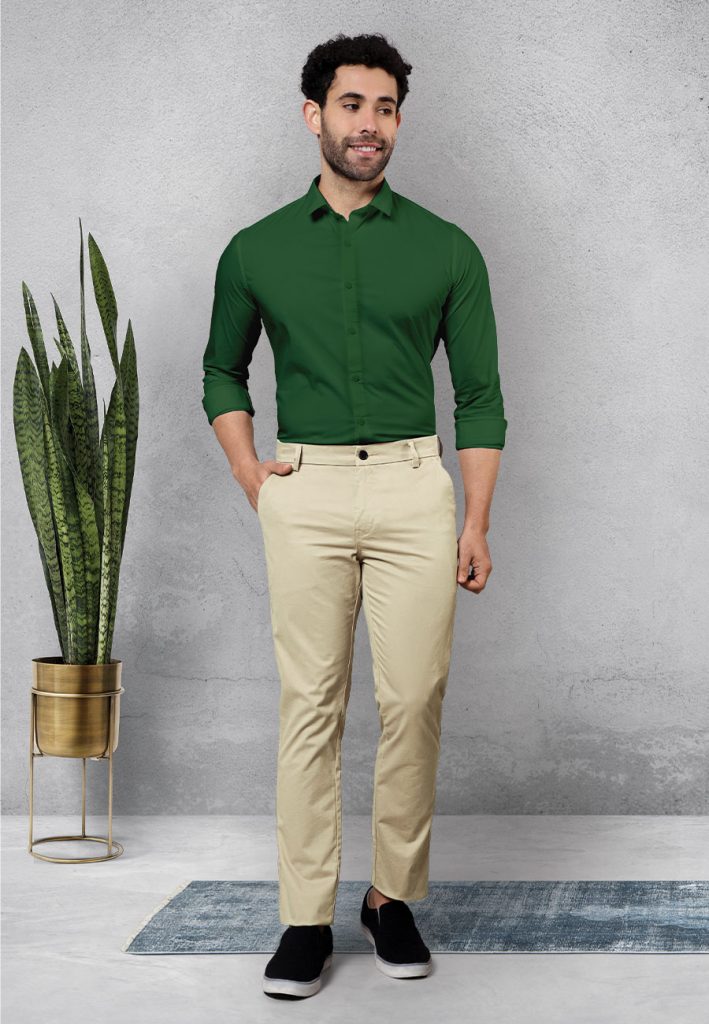 Green Shirt and Cream Pant Combination