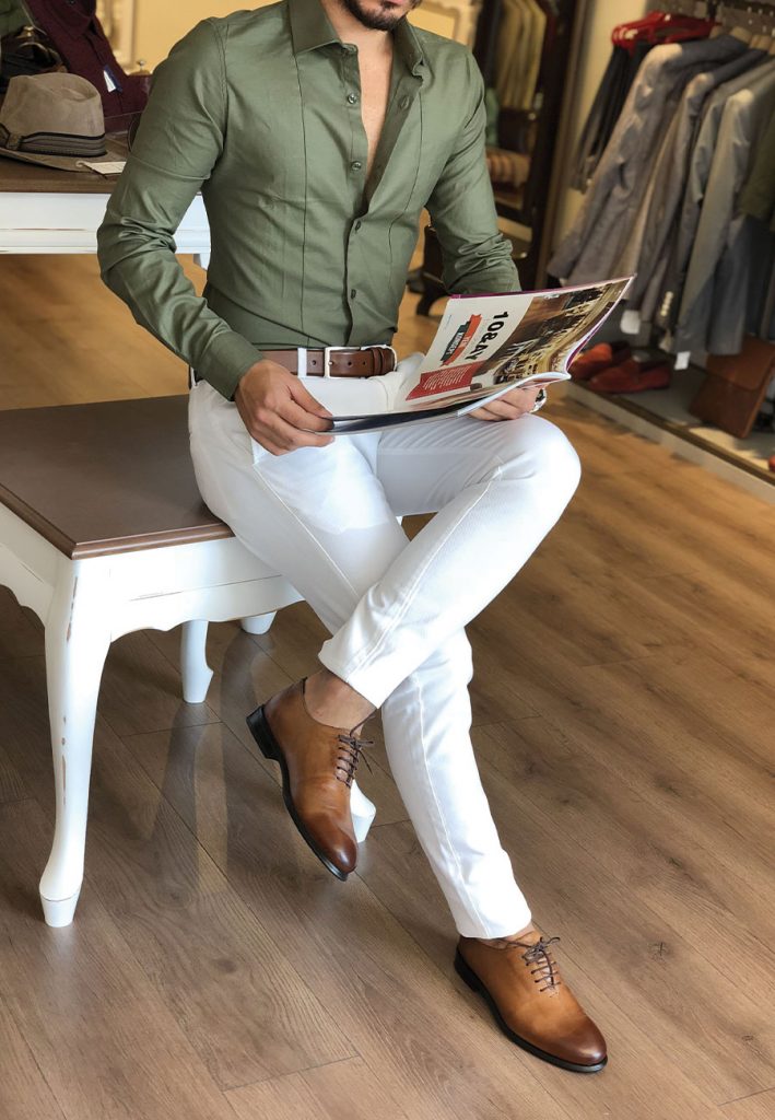 Olive Green Shirt with White Pant