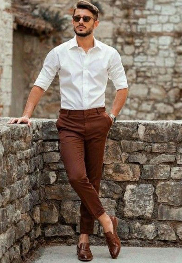 Brown Dress Pants with Long Sleeve T-Shirt Outfits For Men (4 ideas &  outfits)