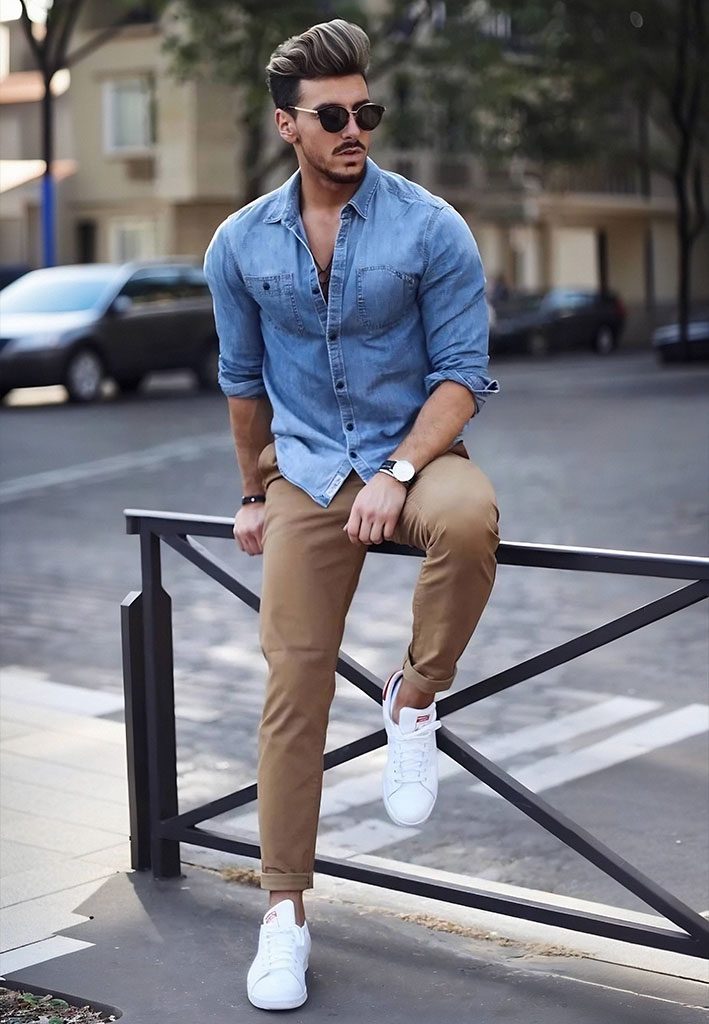 denim shirt and brown pants